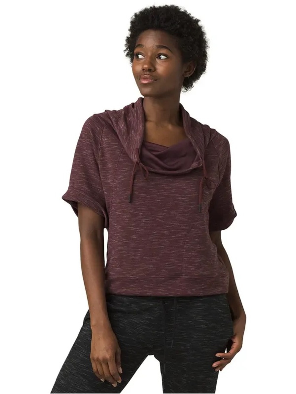 🌅 PrAna Women's Sunrise Crop Short-Sleeve Cowl Neck Sweater Raisin - Size S